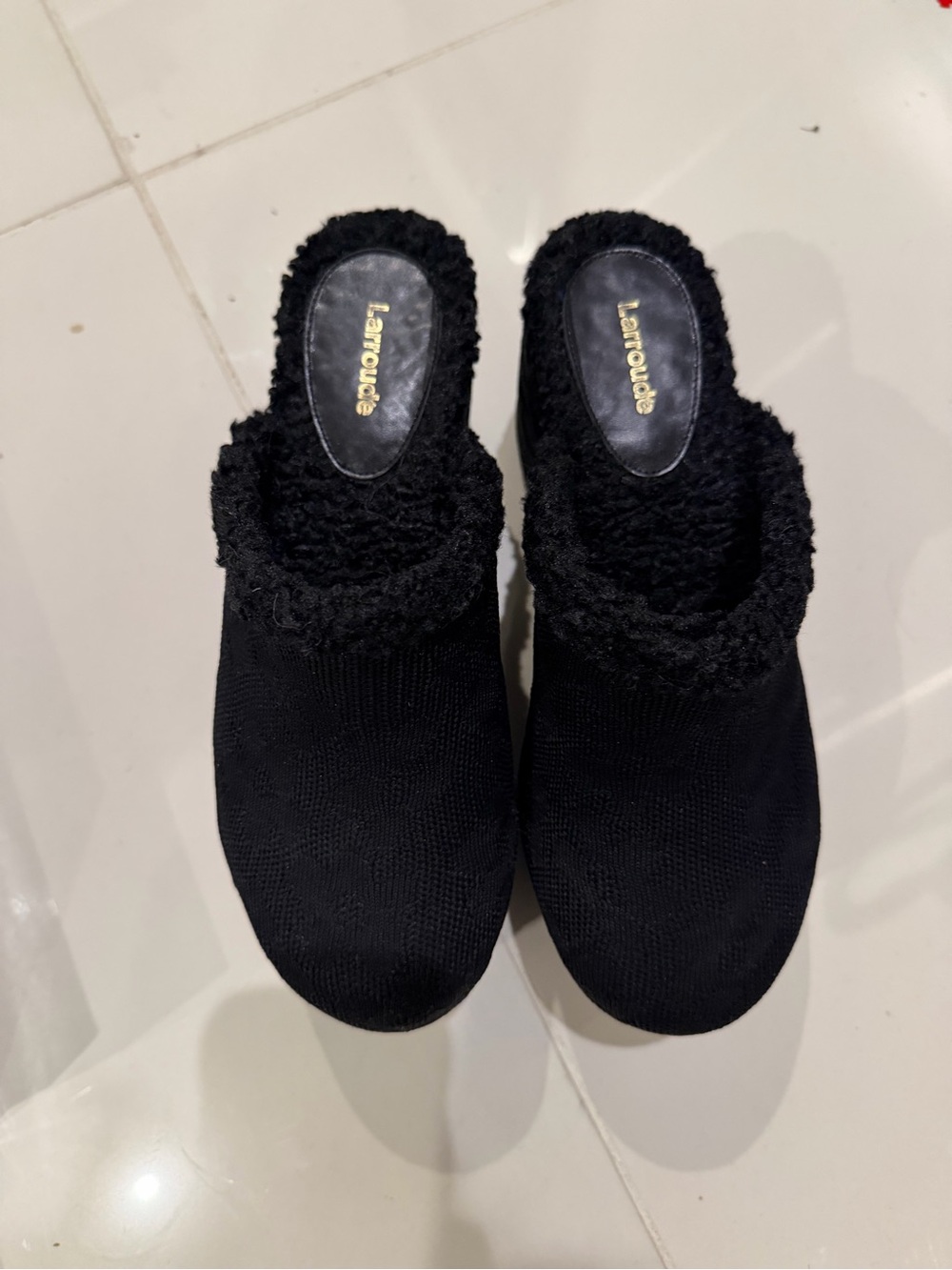 Larroude Black Cozy Slip-On Mules with Faux-Shearling Collar